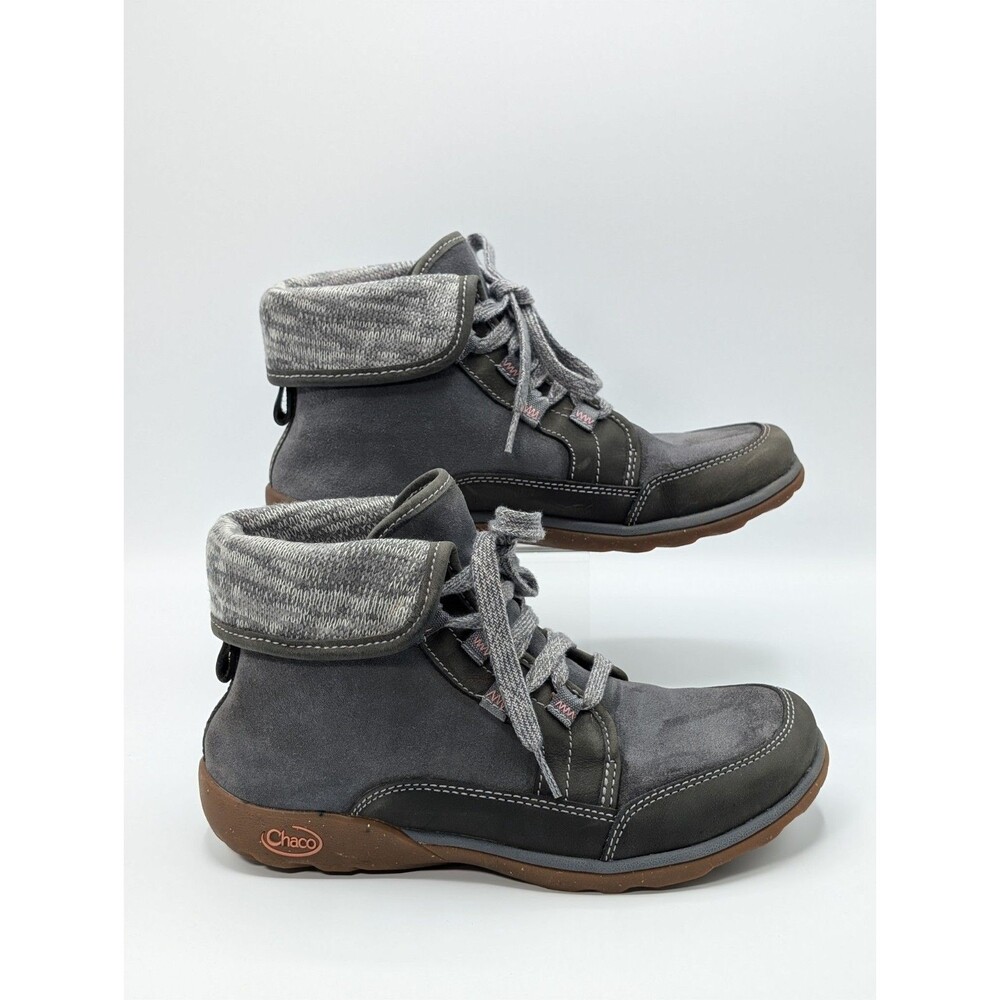 Chaco Barbary Boots Women 8 Gray Suede Knit Collar Lace-up Ankle Winter